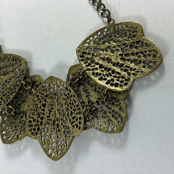 Gold Brass Tone Open Leaf Bib Necklace Statement Metal Unique Adjustable 17-19" - Picture 6 of 8